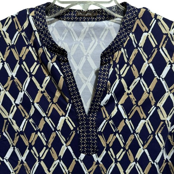 J. McLaughlin Navy Diamond V-Neck Catalina Cloth Tunic Top Sz L  Mature Luxury - Picture 2 of 6
